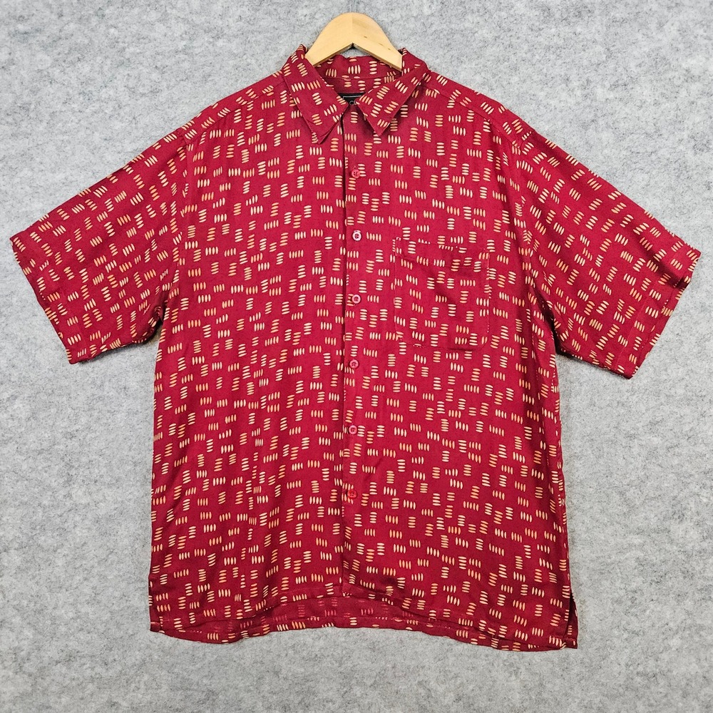 Cezani Men's‎ Burgundy Geometric 100% Silk Shirt Size L Short Sleeve Tropical